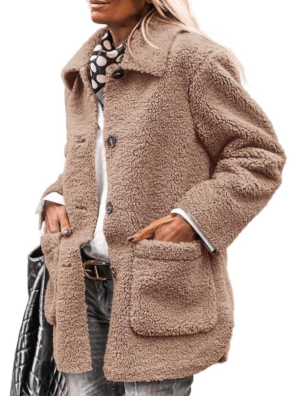 Women's Camel Fleece Sherpa Coats Winter Outfit Warm Faux Fur Trendy Fall Jacket
